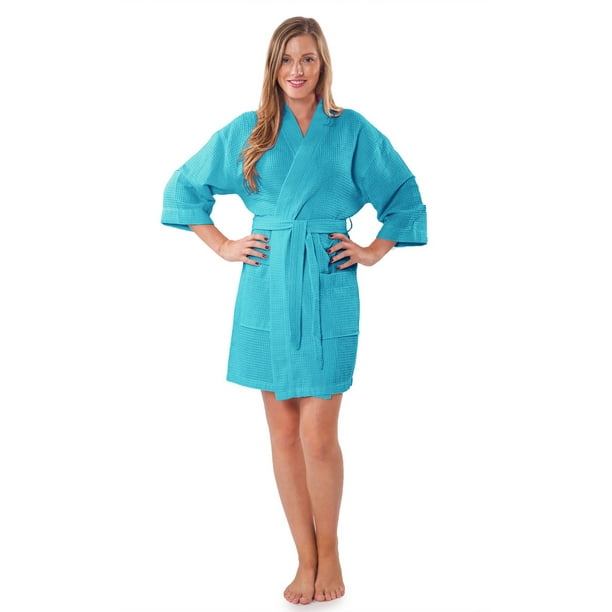 Turkuoise Linen Lightweight Knee Length Waffle Kimono Bath and Spa Robe